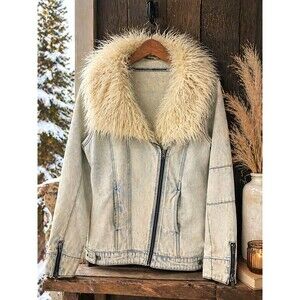 Somedays Lovin Denim Jacket Faux Fur Lined Moto Women’s M